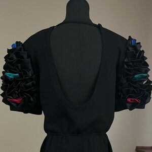 Vintage St John by Marie Gray Black Dress with Low Back Ruffled Sleeves 10